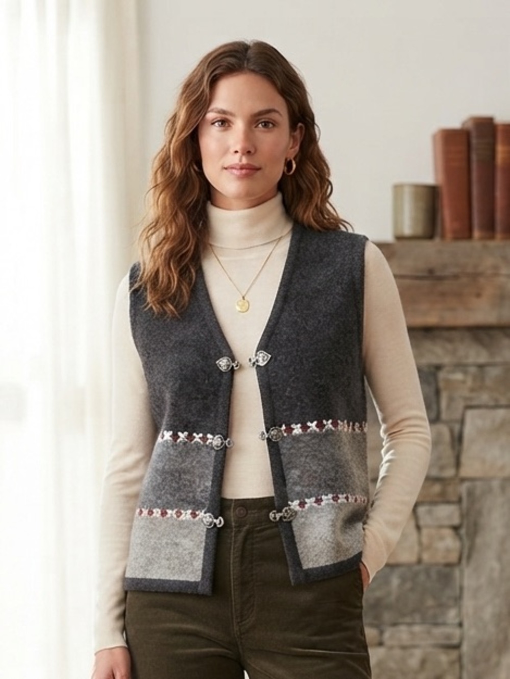 Vintage Woolrich Gray Wool Vest Silver Clasps Nordic Folk Embroidered Size M